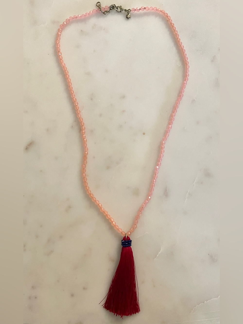J. Crew Pink Beaded Necklace with Red Tassel Accent